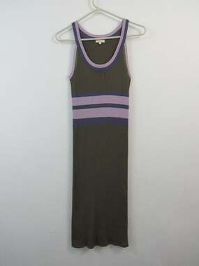 Demylee Small Ribbed Knit Tank Bodycon Dress Olive Green Purple Stripes